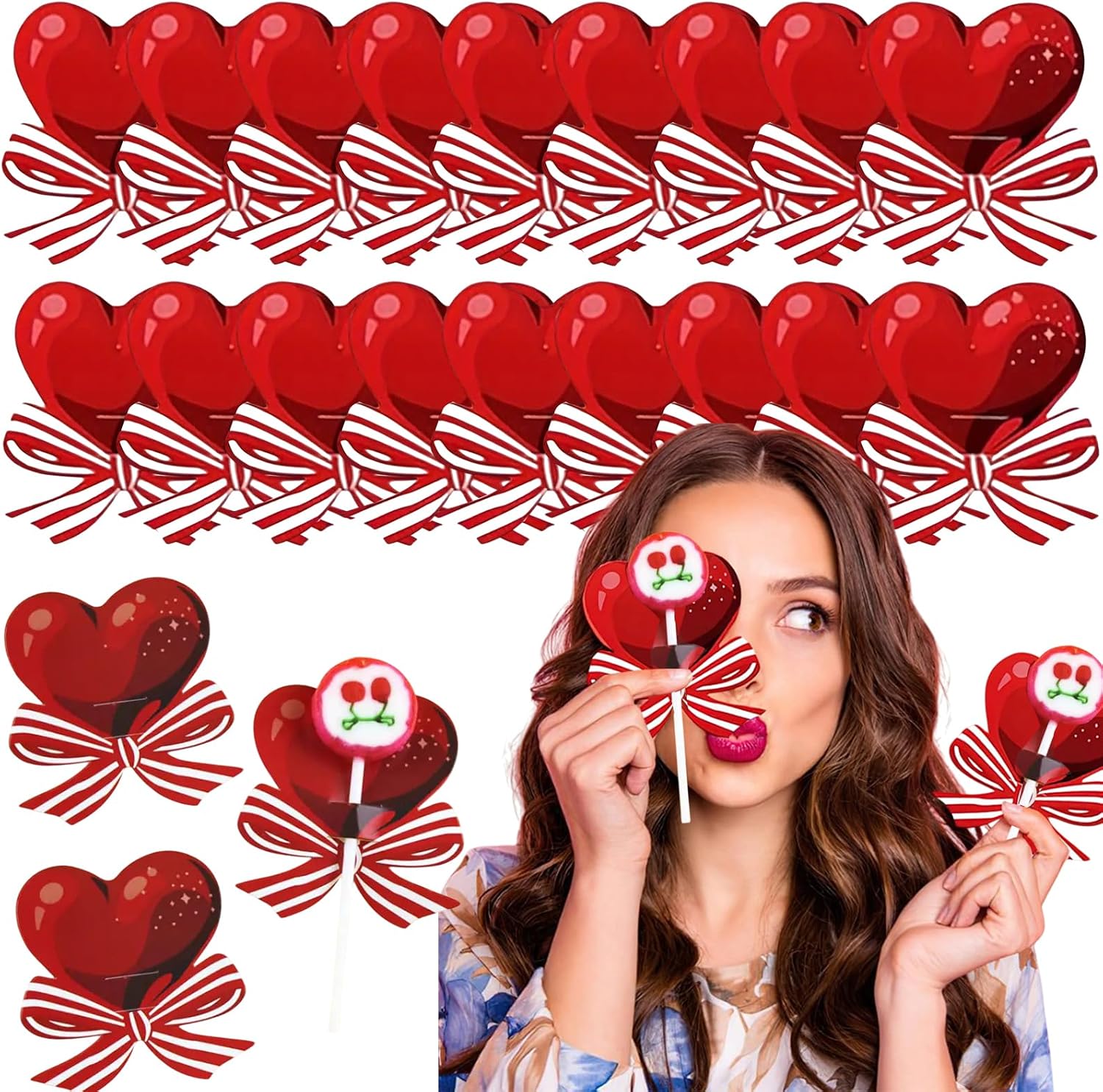 Heart Lollipop Paper Candy Cards Holder for Valentine's Day Heart-shaped Red Bow Candy Sugar Holder Package Wrapping Decor for Valentine's Day Wedding Anniversary Party Supplies 50 Pcs