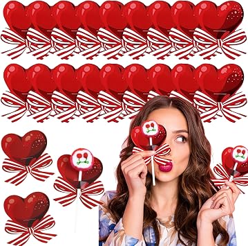 Heart Lollipop Paper Candy Cards Holder for Valentines Day Heart-shaped Red Bow Candy Sugar Holder Package Wrapping Decor for Valentines Day Wedding Anniversary Party Supplies 50 Pcs