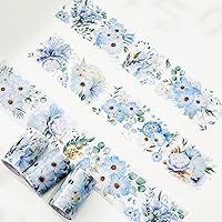 Vista 5 de WT Serene Wide Washi Tape, rollo individual, diseños originales, cinta decorativa de flores azules, cuaderno de recortes de diario, suministros