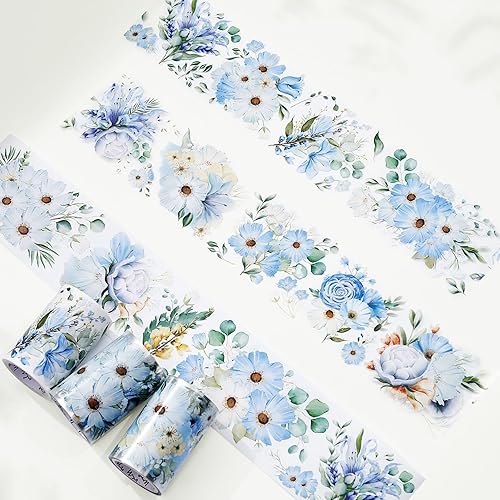 Miniatura 5 de WT Serene Wide Washi Tape, rollo individual, diseños originales, cinta decorativa de flores azules, cuaderno de recortes de diario, suministros de