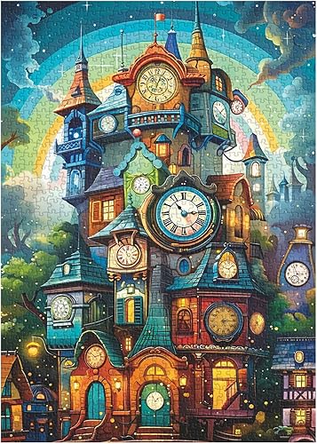 Miniatura 2 de Rompecabezas de casa de reloj para adultos de 1000 piezas, rompecabezas de bosque mágico imposible, rompecabezas de torre de reloj arcoíris difícil