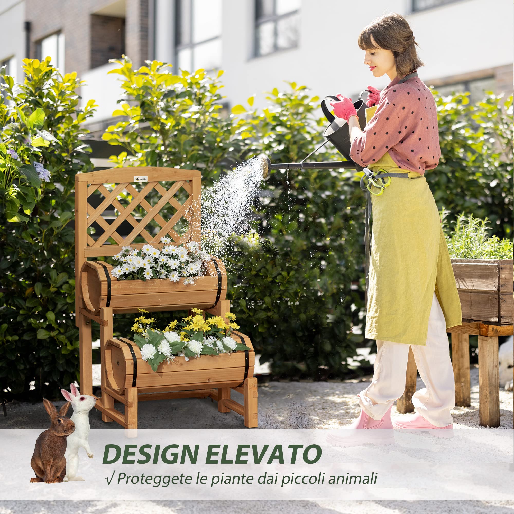 Outsunny Fioriera da Esterno Verticale a Mezza Botte Rialzato 45x45x80 cm | con Grigliato, per Rampicanti, in Legno d'Abete