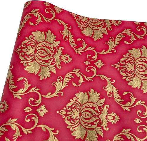 Miniatura 10 de SimpleLife4U Floral Furniture Paper Self-Adhesive Red Damask Shelf Liner DIY Storage Unit 17.8 Inch By 9.8 Feet