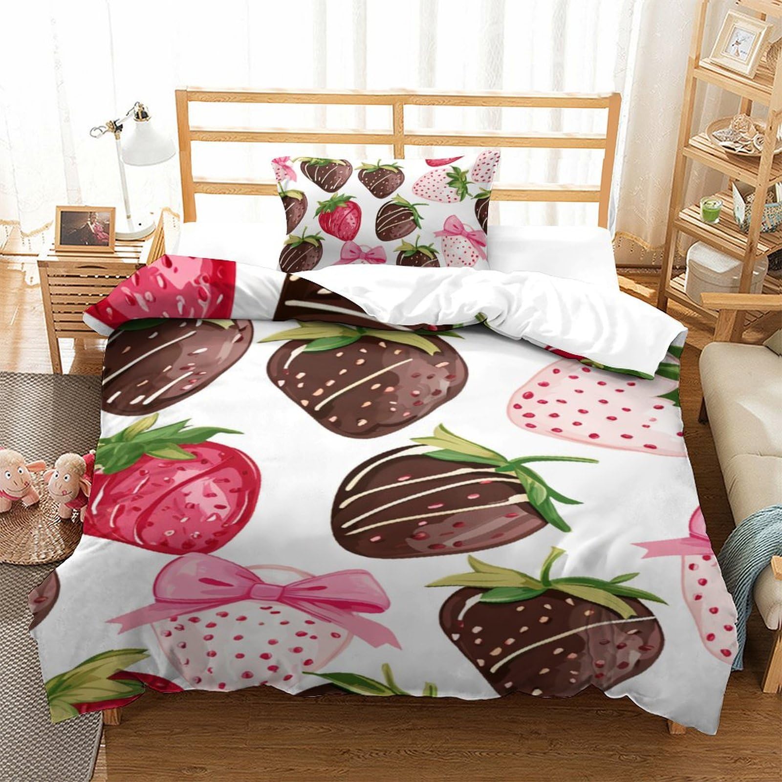 Parure de lit fraises respirante et hypoallergénique en microfibre