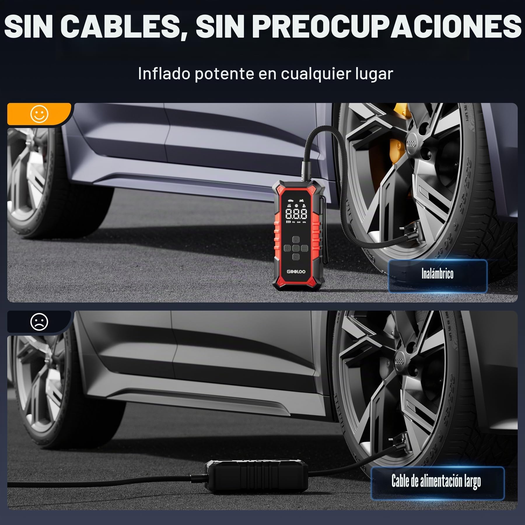 GOOLOO A6 Gear Mini Compresor Eléctrico 160PSI Pantalla Digital | Bomba Portátil 11 Bar, Apagado Automático, Inflador Electrico Con Luz LED, Para Bicicleta, Coche, Moto Y Balones