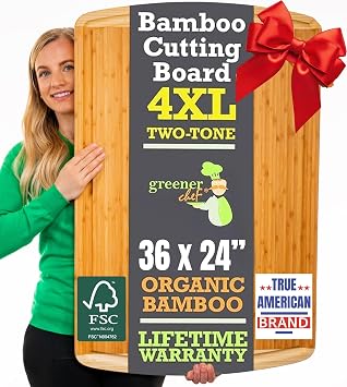 GREENER CHEF 36 x 24 Inch Extra Large Bamboo Cutting Board with Lifetime Replacements 4XL Butcher Block, Oversized Carving & Charcuterie Board, Stovetop Cover for Kitchen Counter Space