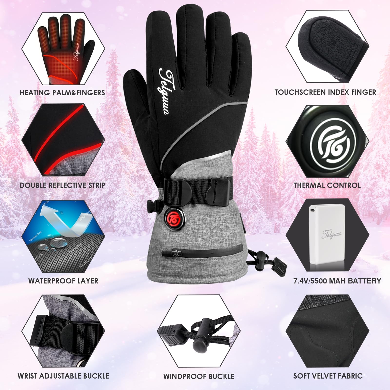 Telguua Guanti Riscaldati per Uomini Donne,7.4V 5500mAh Ricaricabili Guanti Riscaldanti Elettrici 3 Livelli di Riscaldamento Scaldamani Touchscreen Con Riscaldamento Dita per Moto Sci