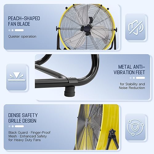 Miniatura 6 de Albott Ventilador de piso industrial de 30 pulgadas, ventilador de tambor de 3 velocidades de alta velocidad con ruedas, ventilador de metal