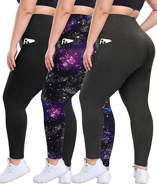 3 Pack Plus Size Leggings with Pockets for Women - High Waisted Tummy Control Spandex Soft Black Workout Yoga Pants