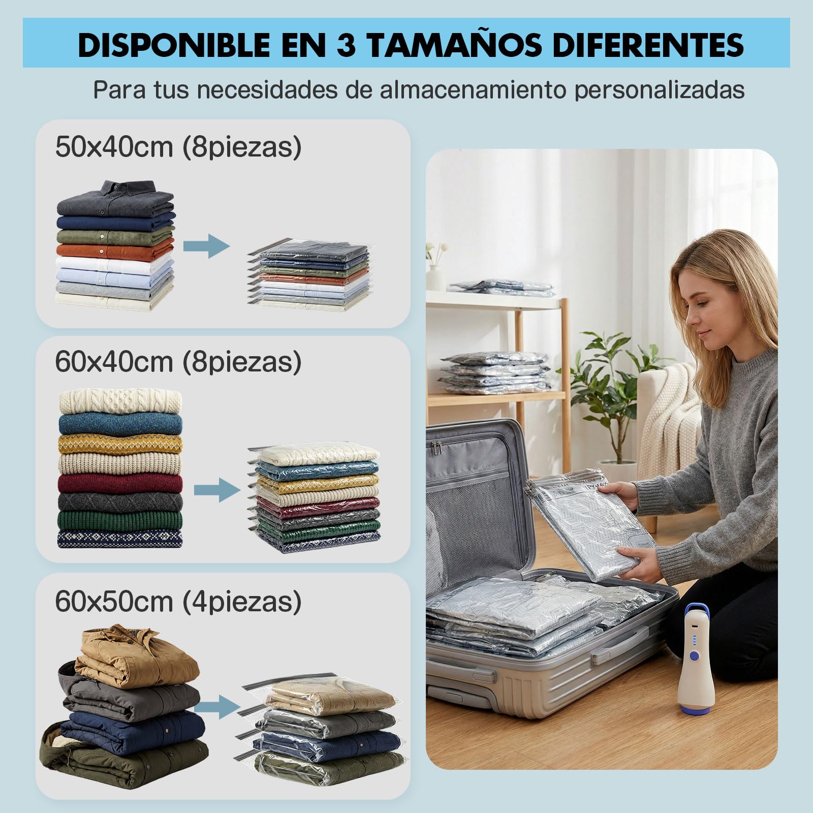 Bolsas Vacío Ropa con Bomba de Vacío Inalámbrica, Set 20 | 3 tamaños: 50 × 40, 60 × 40 y 60 × 50 cm, hasta un 80 % de ahorro de espacio para viajes, maletas, armarios y ropa de cama