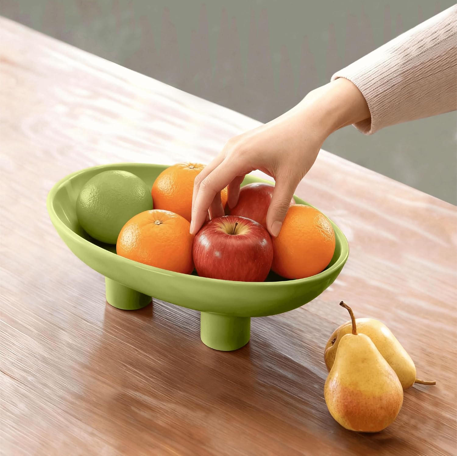 Three-Leg Ceramic Fruit Bowl, 10 Inch Oval Serving Dish for Kitchen Counter, Candy or Key Holder, Home Decor Accent Beige Green