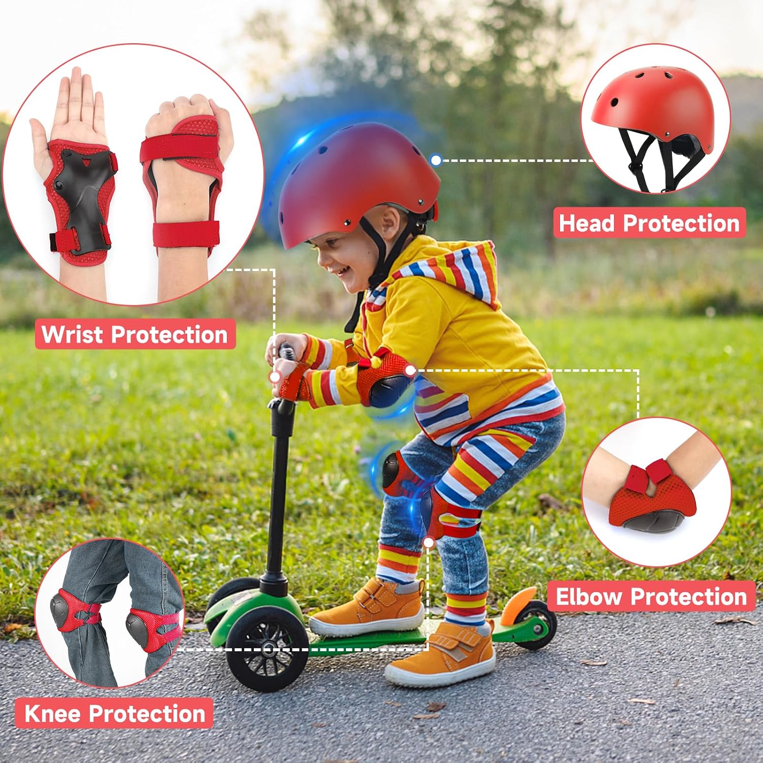Color Gradient Kids Bike Helmet and Pads Adjustable Helmet for Kids Protective Gear Set with Elbow Knee Pads Wrist Guards for Cycling Bicycle