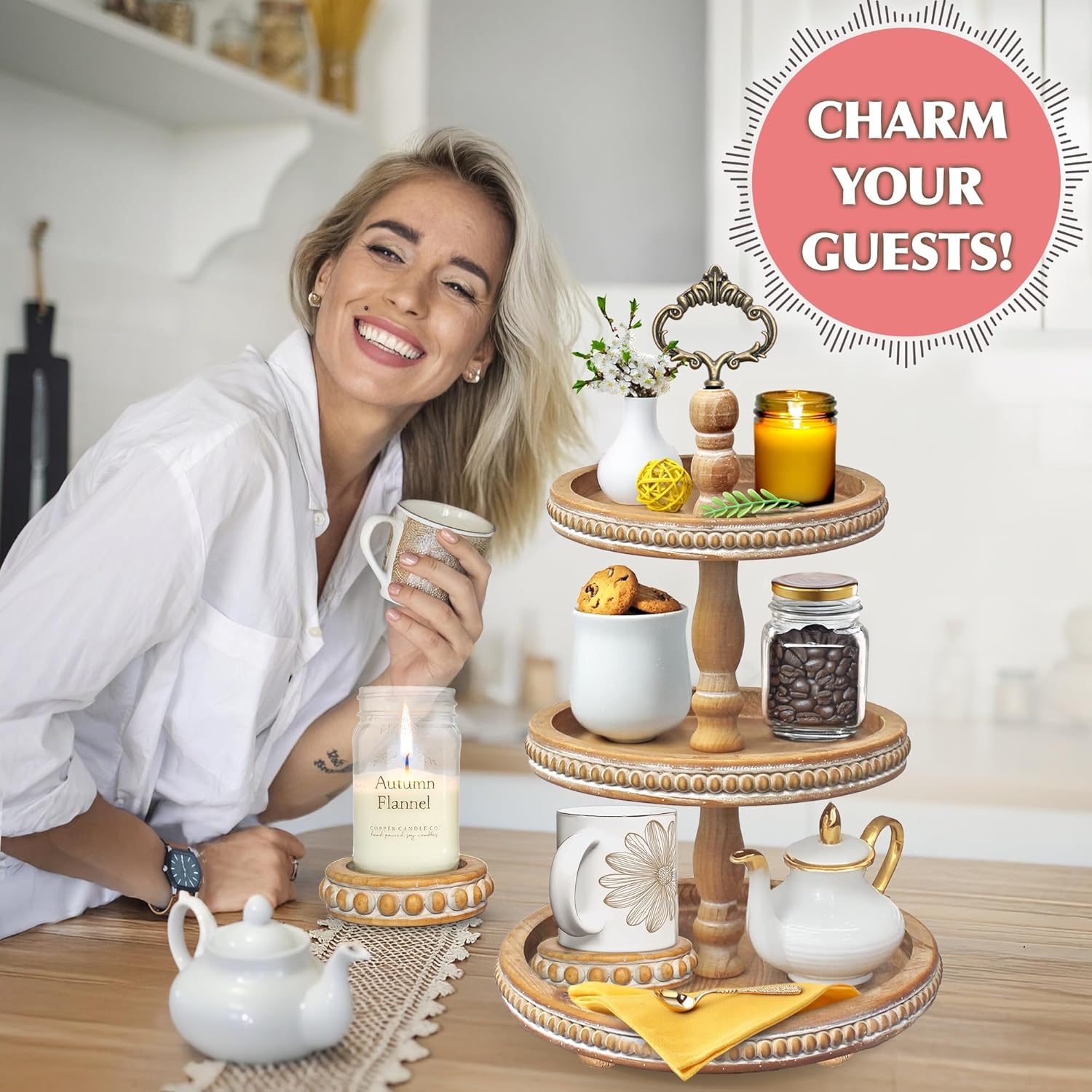 3 Tiered Tray + Mini Beaded Risers Bundle - Brown 3 Tier Wooden Tray Stand & Set of 2 Rustic Brown Wood Candle Pedestal Risers | Beaded Farmhouse Display Stands for Kitchen, Dining, Home Décor