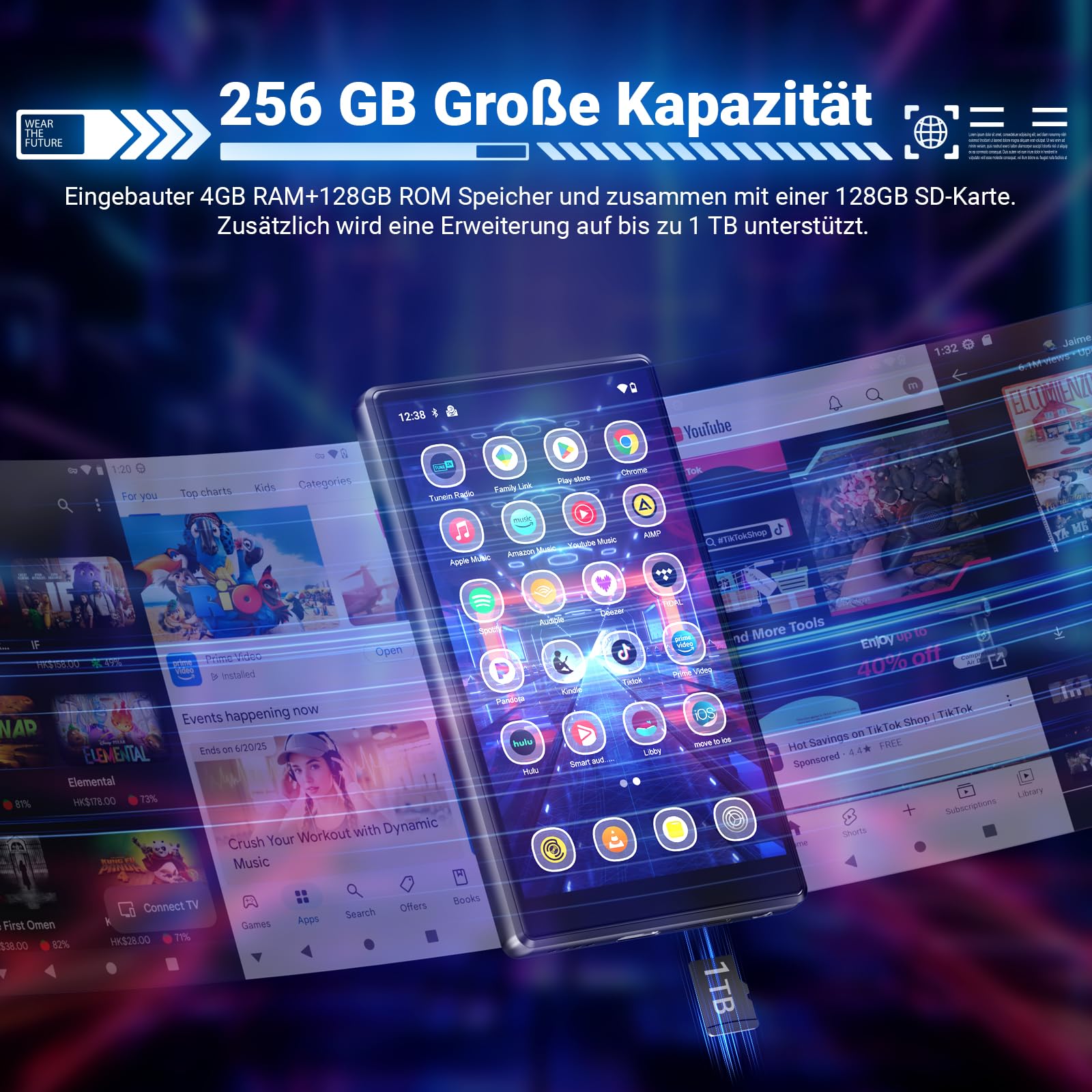 MECHEN 256GB MP3 Player Spotify Bluetooth WiFi, Android 13 & WLAN Streaming, 5,0 Zoll IPS Display 1080P, Audible Deezer Amazon Music Vorinstalliert (X56-D)