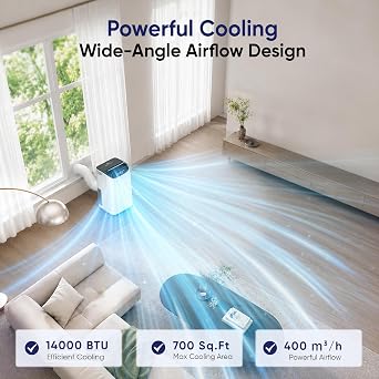 14000 BTU Portable Air Conditioners, Cools Up to 700 Sq.Ft, Free standing AC Unit, Cooling, Dehumidifier, Fan, Sleep Mode, Remote Control & Installation Kit, White