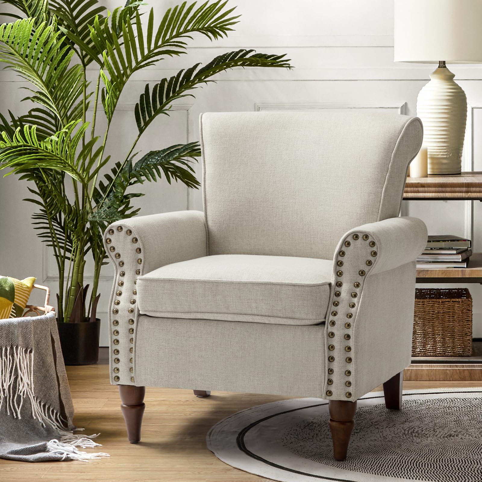 HULALA HOME Modern Accent Chair with Wood Legs & Removable Cushion, Wingback Armchair with Nailhead Trim, Comfy Upholstered Lounge Chair Single Sofa Chair for Living Room Bedroom, Oatmeal — image 1