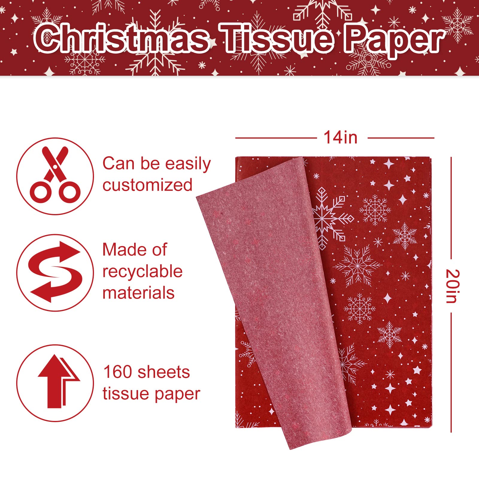 Whaline 160 Blatt Weihnachten Seidenpapier Vintage Rot Grün Xmas Geschenkpapier Schneeflocke Geschenkverpackung Seidenpapier Rustikales Kunstpapier Handwerk für DIY Geschenktüten Xmas Winter Neujahr
