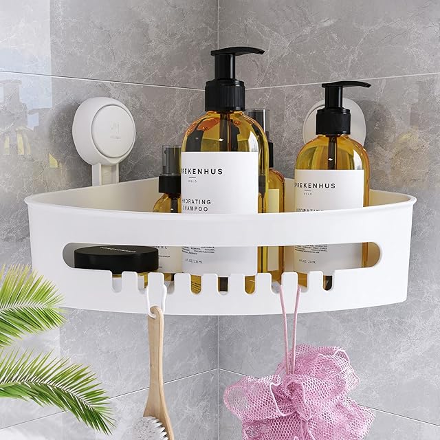 TAILI Corner Shower Caddy Bathroom Shower Shelf Suction Cup Storage Basket Wall Mounted Organizer for Shampoo, Conditioner, Shower Rack for Kitchen & Bathroom, Drill-Free Removable Plastic in White