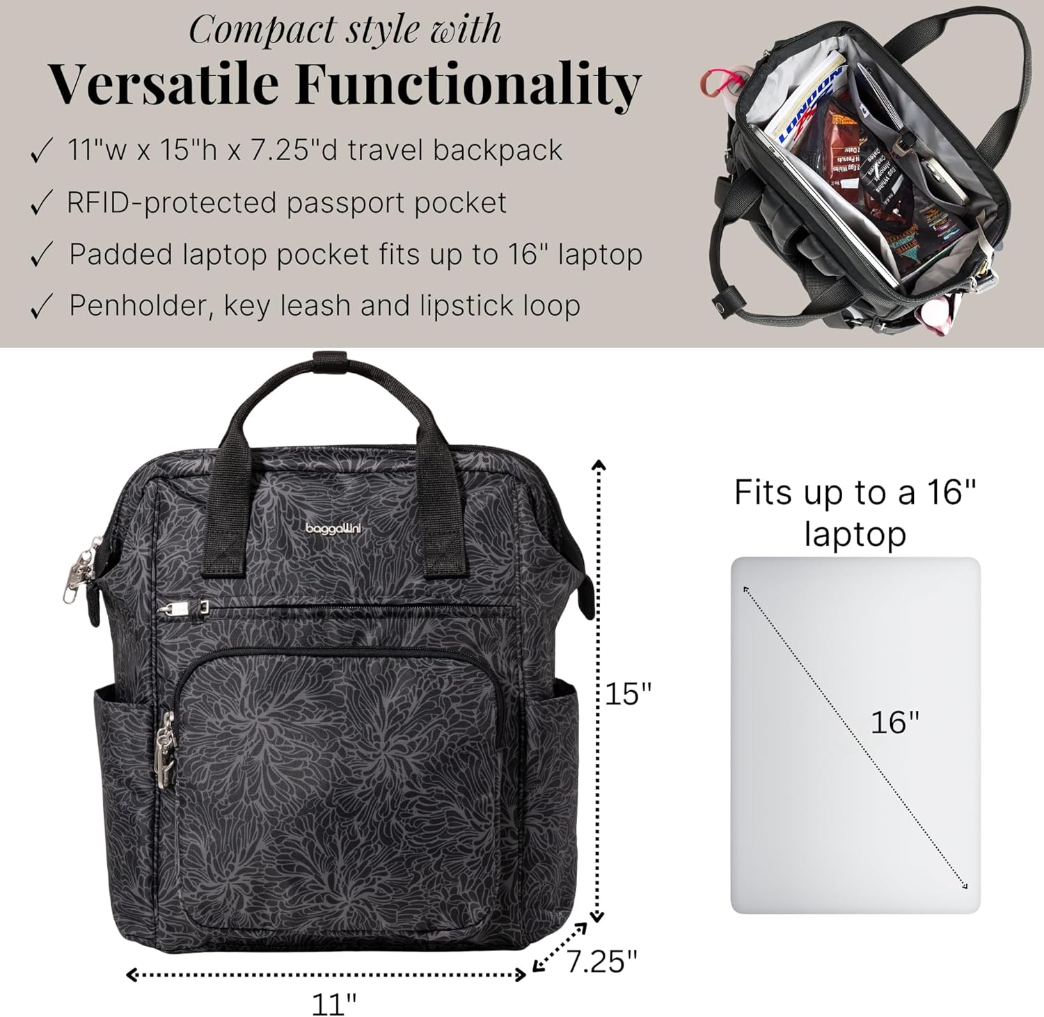 Baggallini Securtex Anti-Theft Windsor Backpack for Travel, Work & College, RFID & Locking Zipper, Up to 16" Laptop
