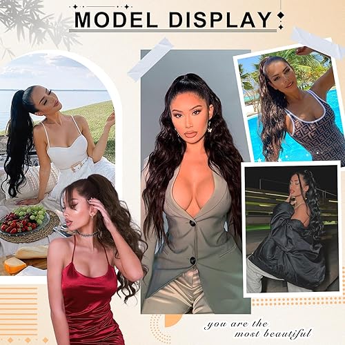 Miniatura 4 de FREEMEIGE Extensión de cola de caballo con cordón para mujer, cabello sintético negro de 26 pulgadas, extensión de cabello esponjoso para uso diario