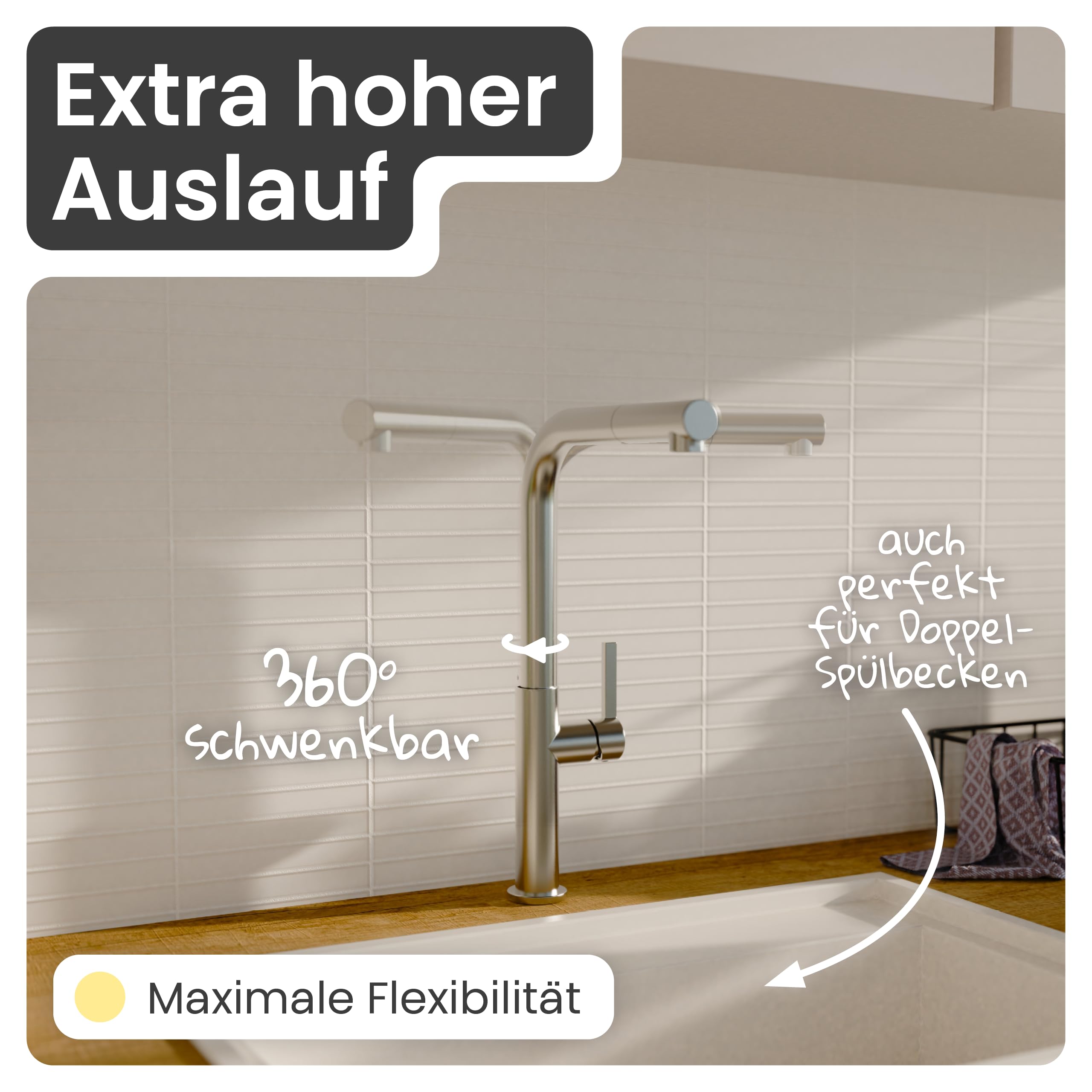 Küchenarmatur | Wasserhahn Küche | Mischbatterie | mit herausziehbarem Auslauf | Edelstahl | 360° schwenkbar | instmaier Cassia |