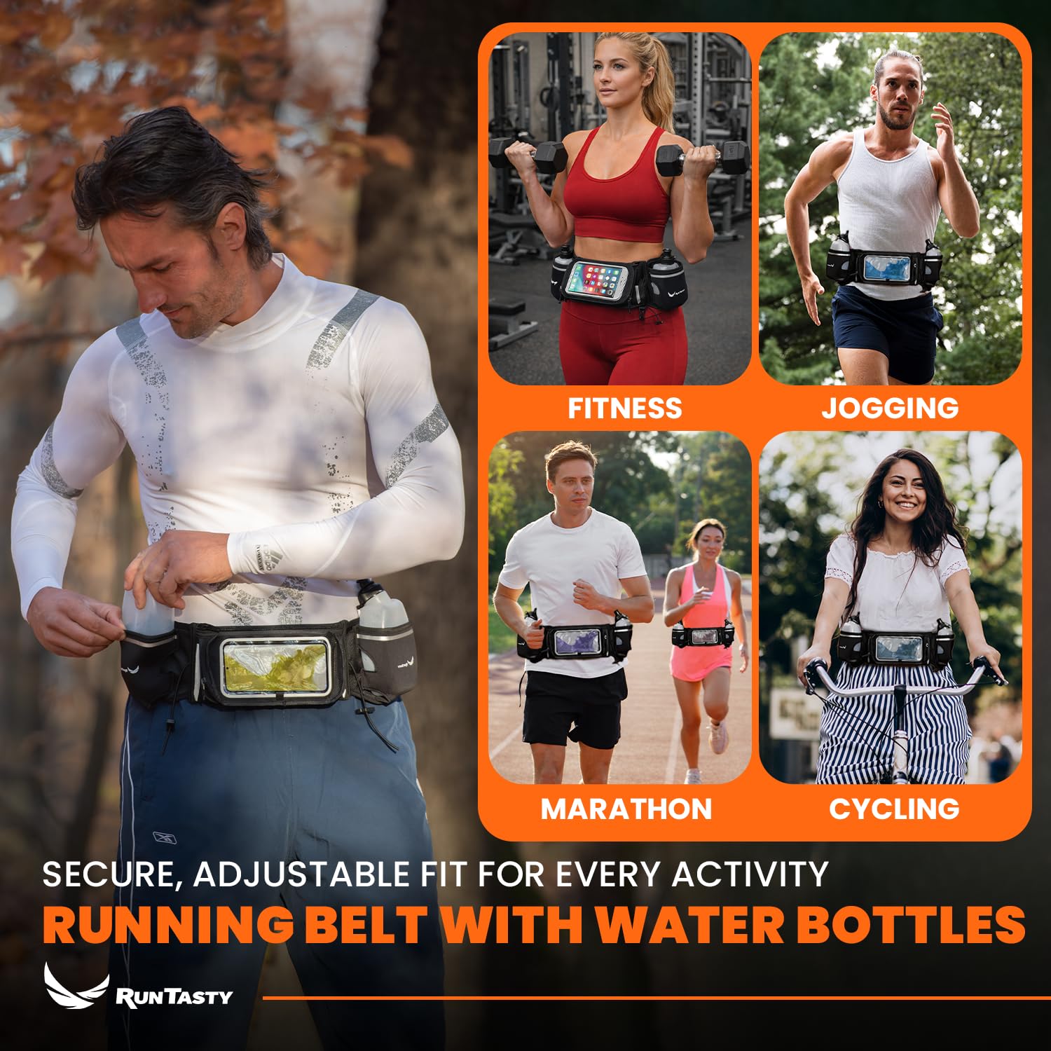 Runtasty, Trinkgürtel für Sieger, Läufer-Trinkgürtel inkl. Zubehör 2 BPA-freie Wasserflaschen und Läufer- E-Book, passend für jedes iPhone, mit Touchscreen-Schutzhülle, Passform ohne Hüpfen und mehr.