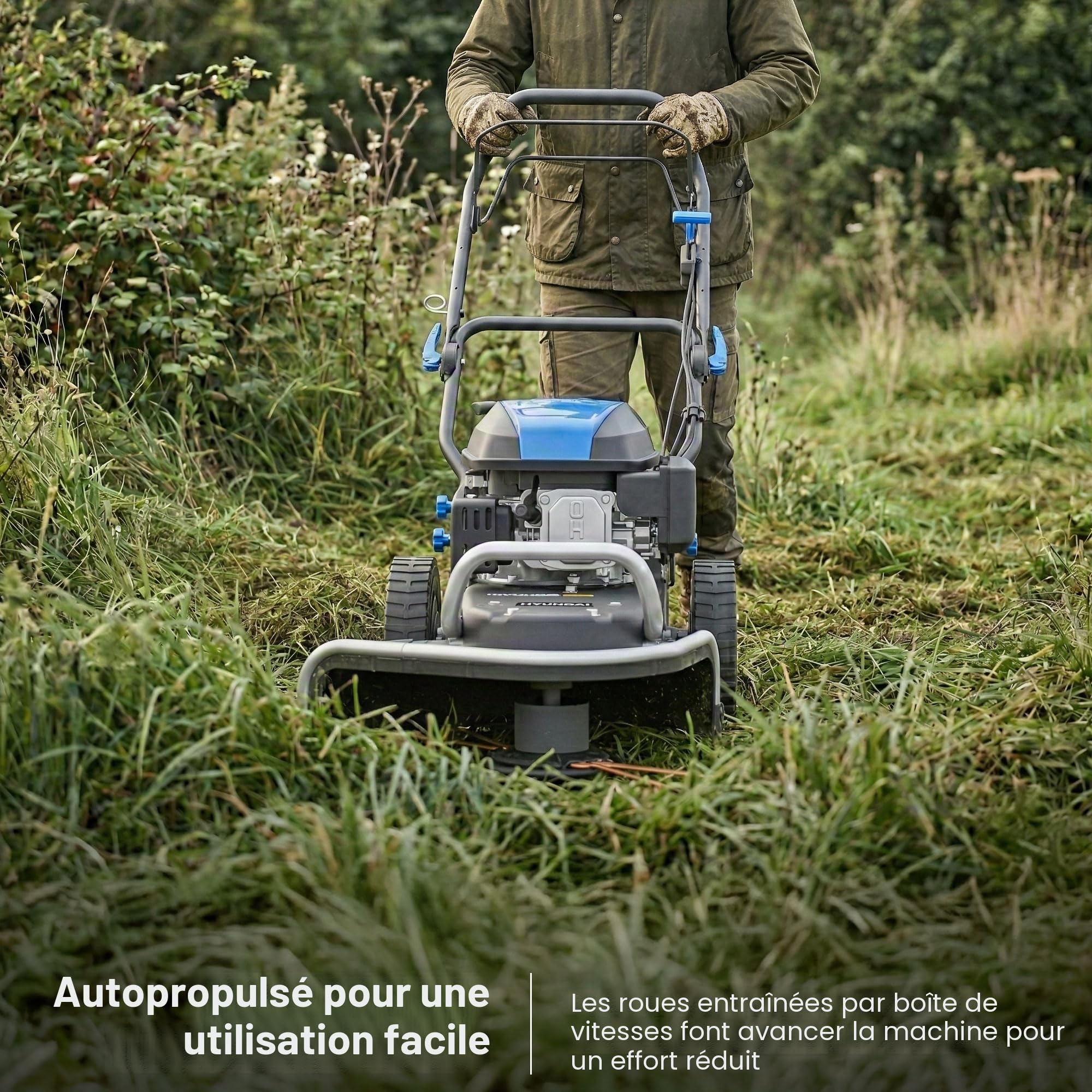 Hyundai Débroussailleuse thermique 56 cm autotractée sur roues, moteur 4‑temps 173 cc (4,8 ch), fil double 4 mm, hauteur de coupe 30–75 mm, roues de 25cm, garantie 3 ans