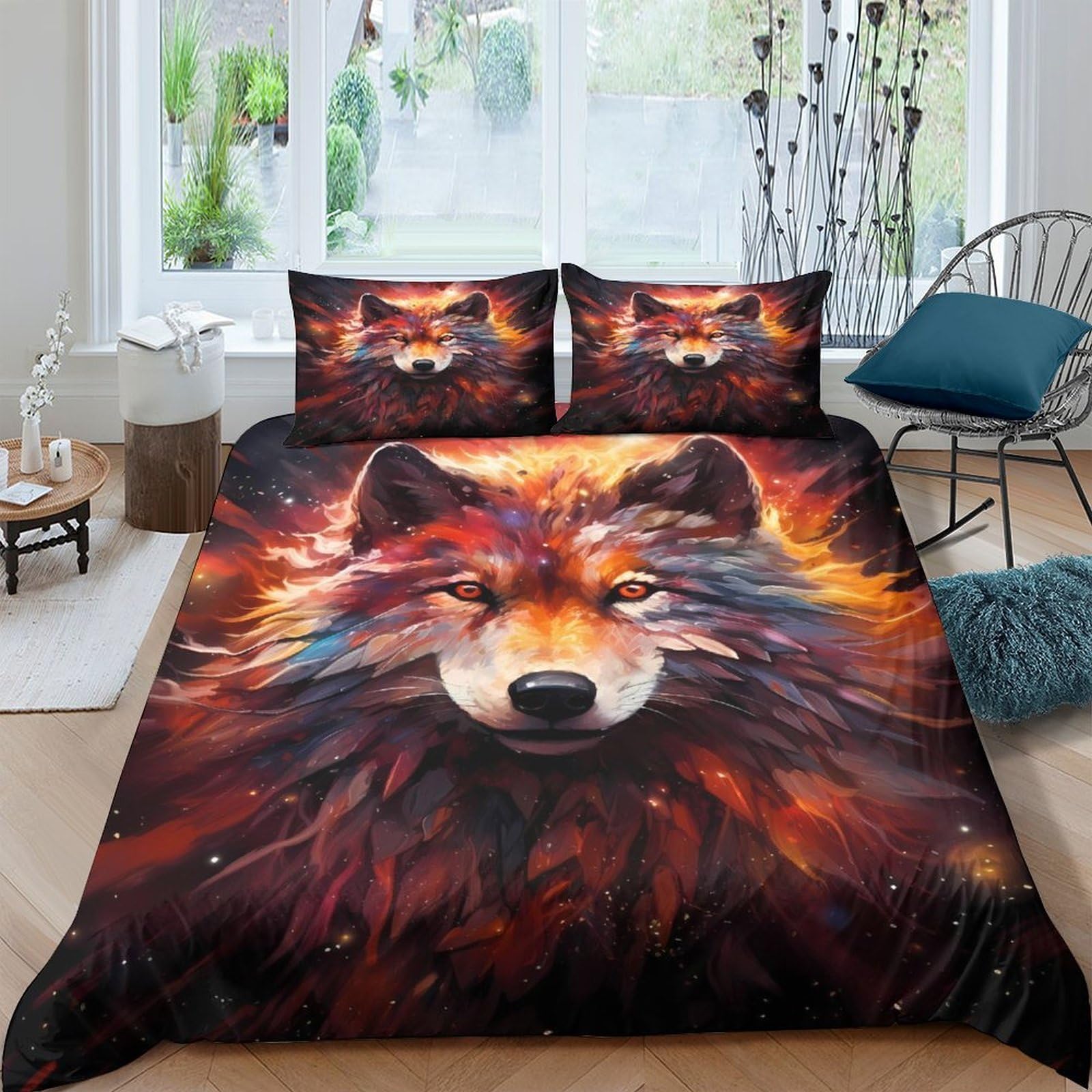 Ctjqhvkz Style-6 3D Printed Fire Wolf Fitted Sheet Microfiber Soft Breathable Forest Animal Mattress Cover For Bedroom Decor Dorm Protection Single（135X200cm）