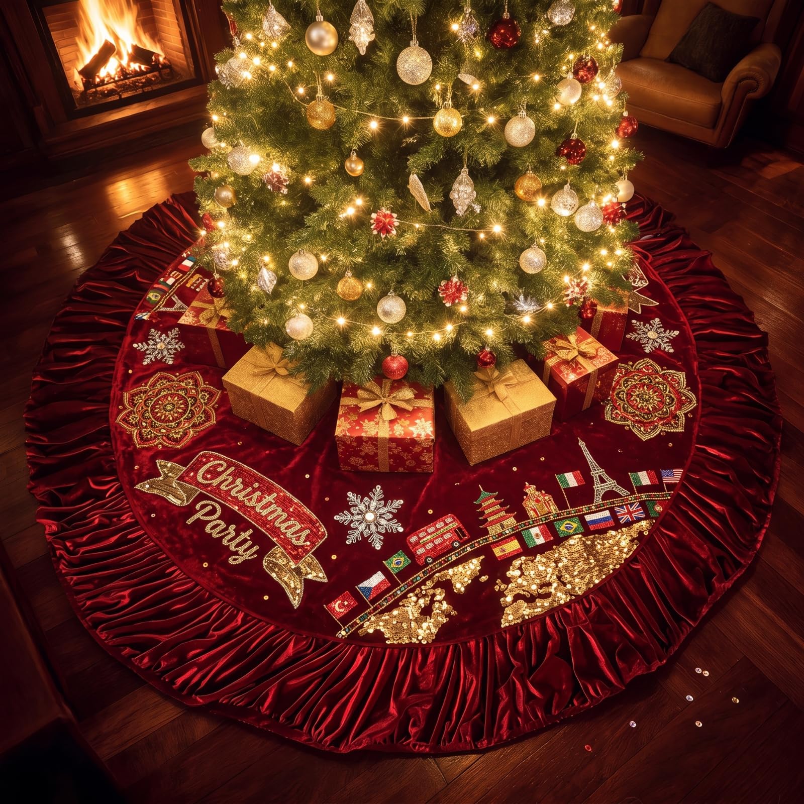 Tappeto per Albero di Natale Arricciato, 183 Cm, Stile Europeo, Design Plissettato, Colore Rosso Vino