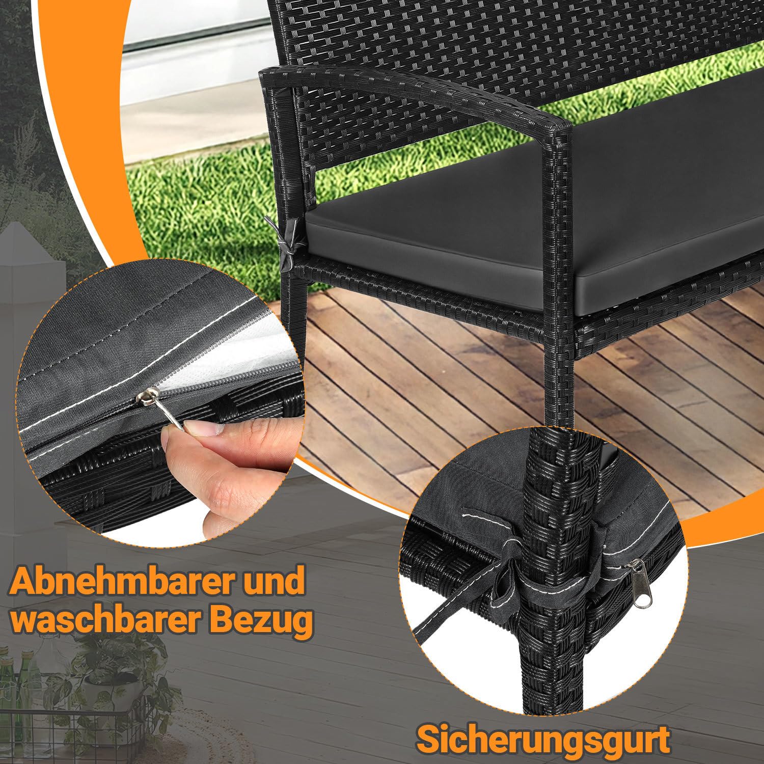 Banc de jardin résistant aux intempéries avec coussin, banc de balcon en polyrotin 2 places, 112 x 58 x 90 cm, banc d'extérieur charge jusqu'à 227 kg, banc avec dossier et accoudoirs, noir