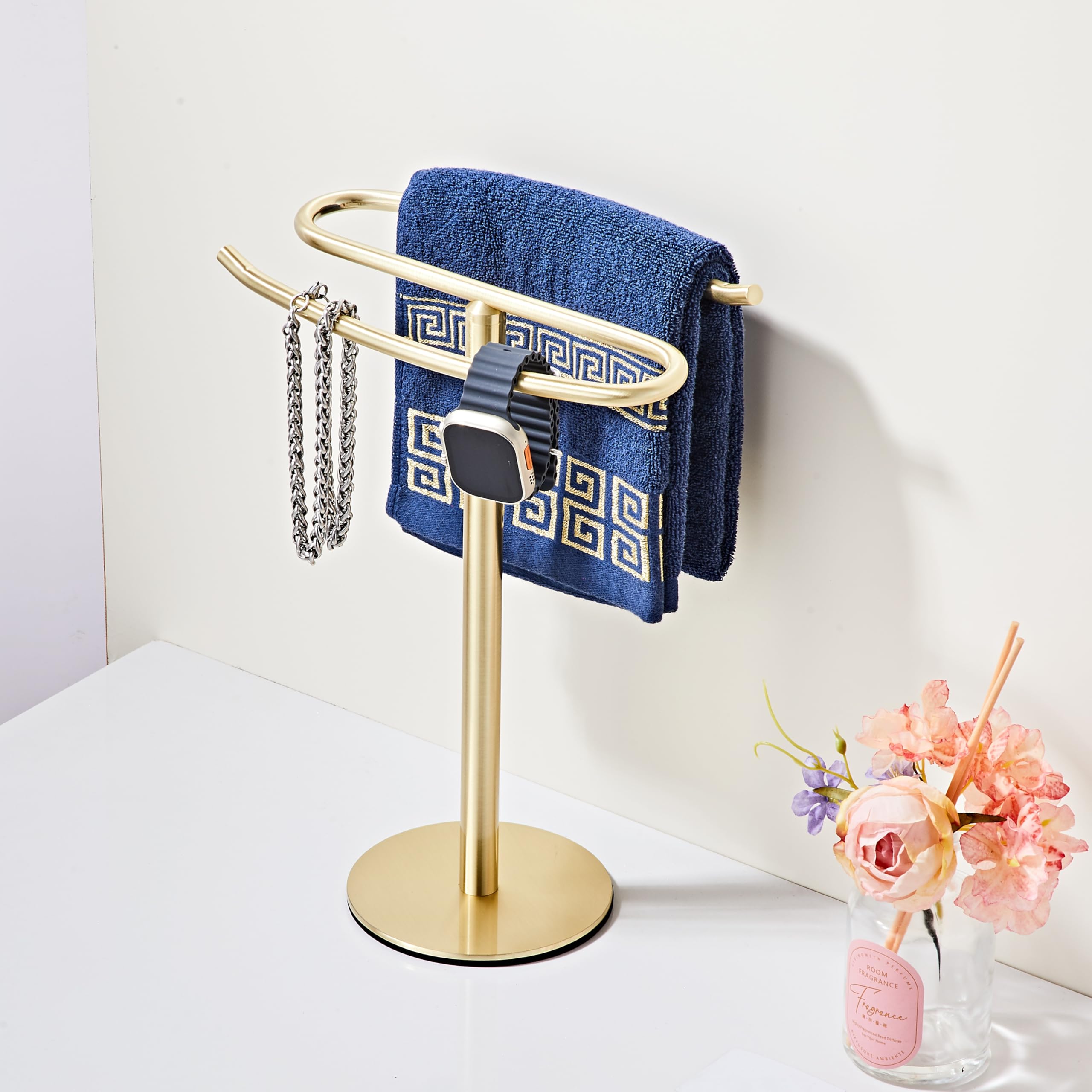 Porte-Serviettes doré sur Pied, en Acier Inoxydable SUS304, Barre Tour pour Salle de Bain, Cuisine, Meuble-lavabo comptoir