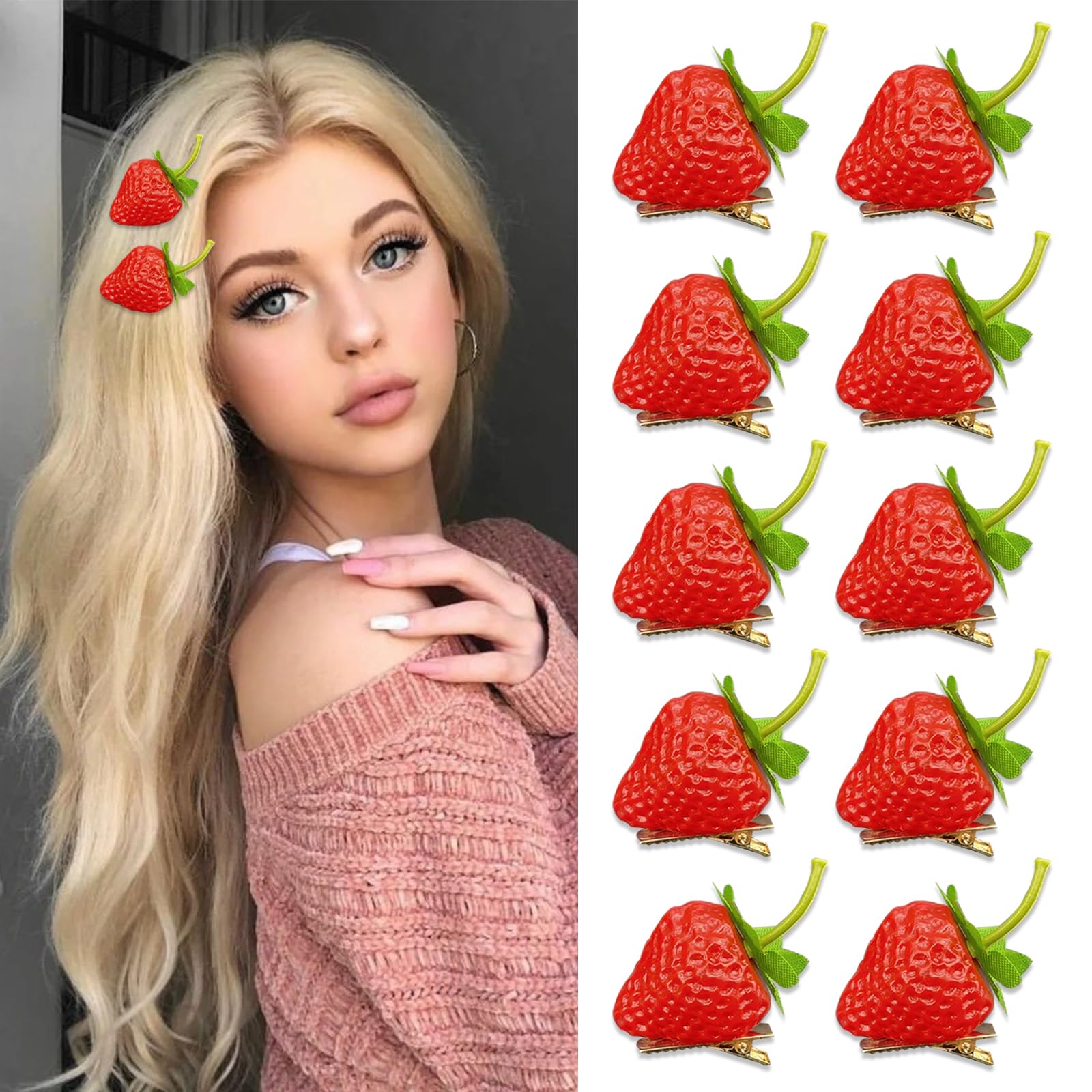 Photo 1 of 10 Pcs Strawberry Hair Clips Women Bangs Alligator Clips Christmas Birthday Decoration Accessories Fruit Daily Hairpins Red Green Bobby Pins