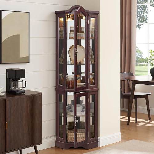 70" Corner Curio Cabinet with LED Light, Traditional Arched Top Glass Display China Cabinet with Glass Doors, Adjustable Tempered Shelves for Living Room Dining Room, Dark Cherry