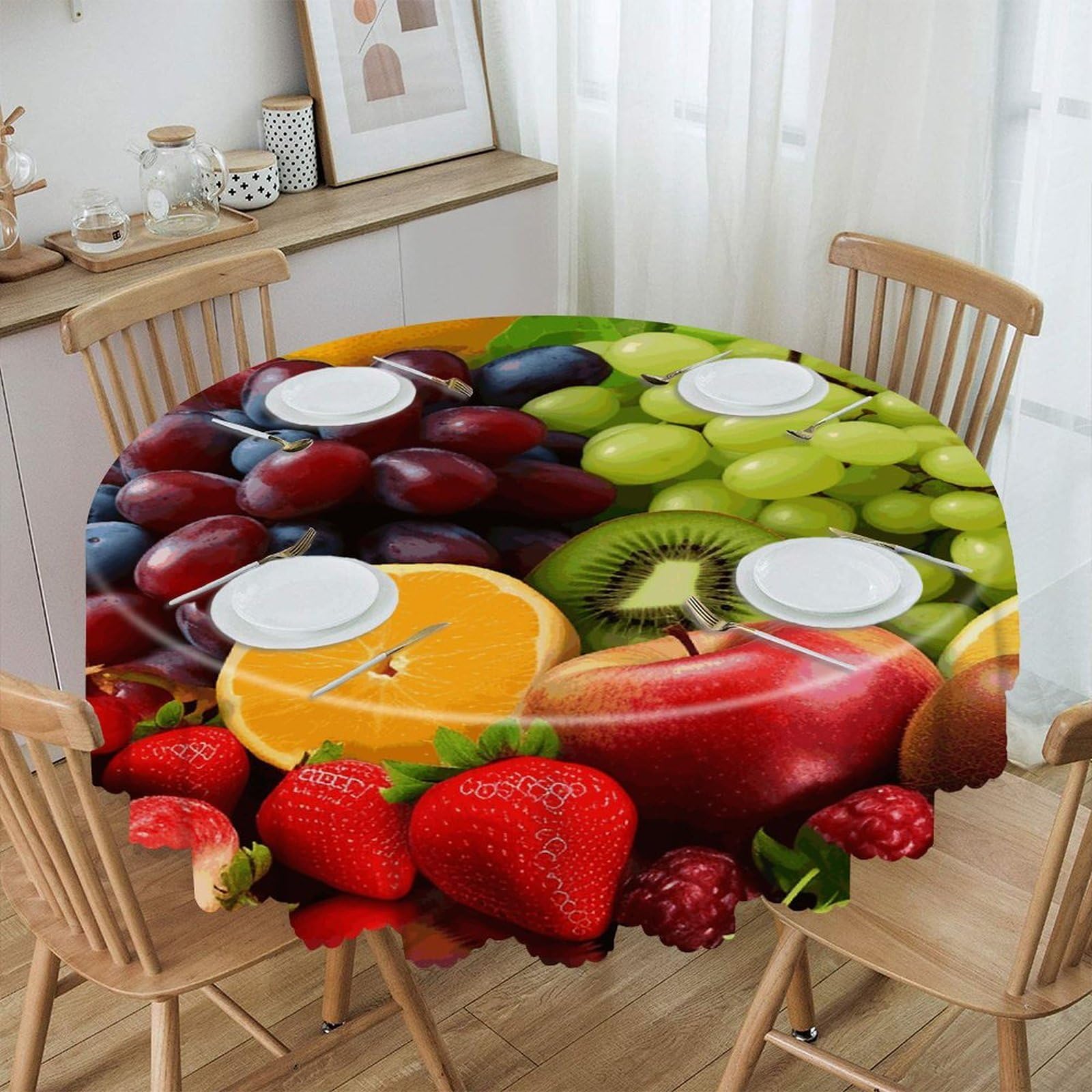FekiLoot Fruits Round Tablecloth Waterproof Spill-Proof Wipeable Table Cloth Wrinkle Free Circle Dining Table Cover for Dining Kitchen Wedding Parties Machine Washable