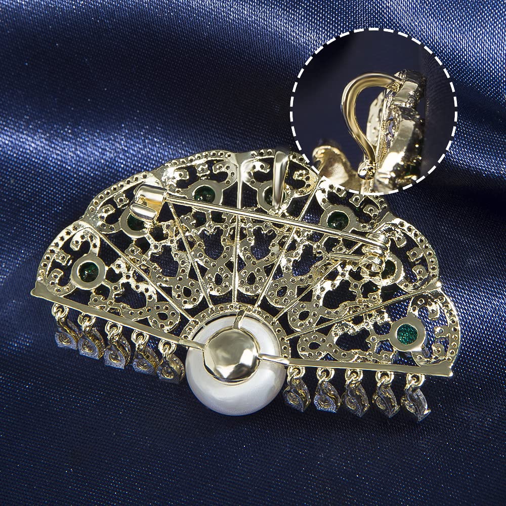 Broches para Mujer, Estilo clásico de Abanico, con circonita cúbica y Perla. Broche de Solapa de Seguridad.