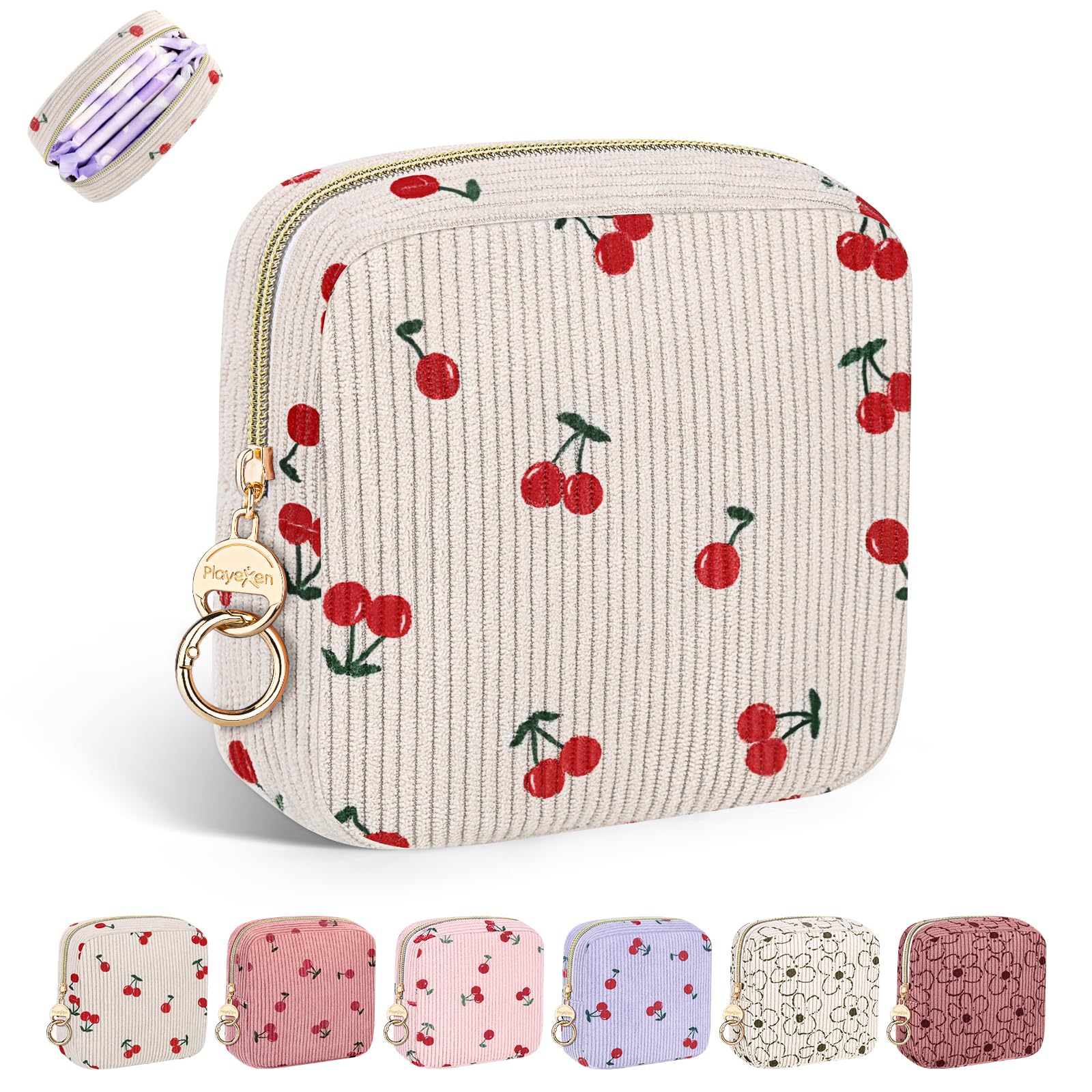 Period Bag for Teen Girls, Corduroy Sanitary Napkin Pouch, C-Beige