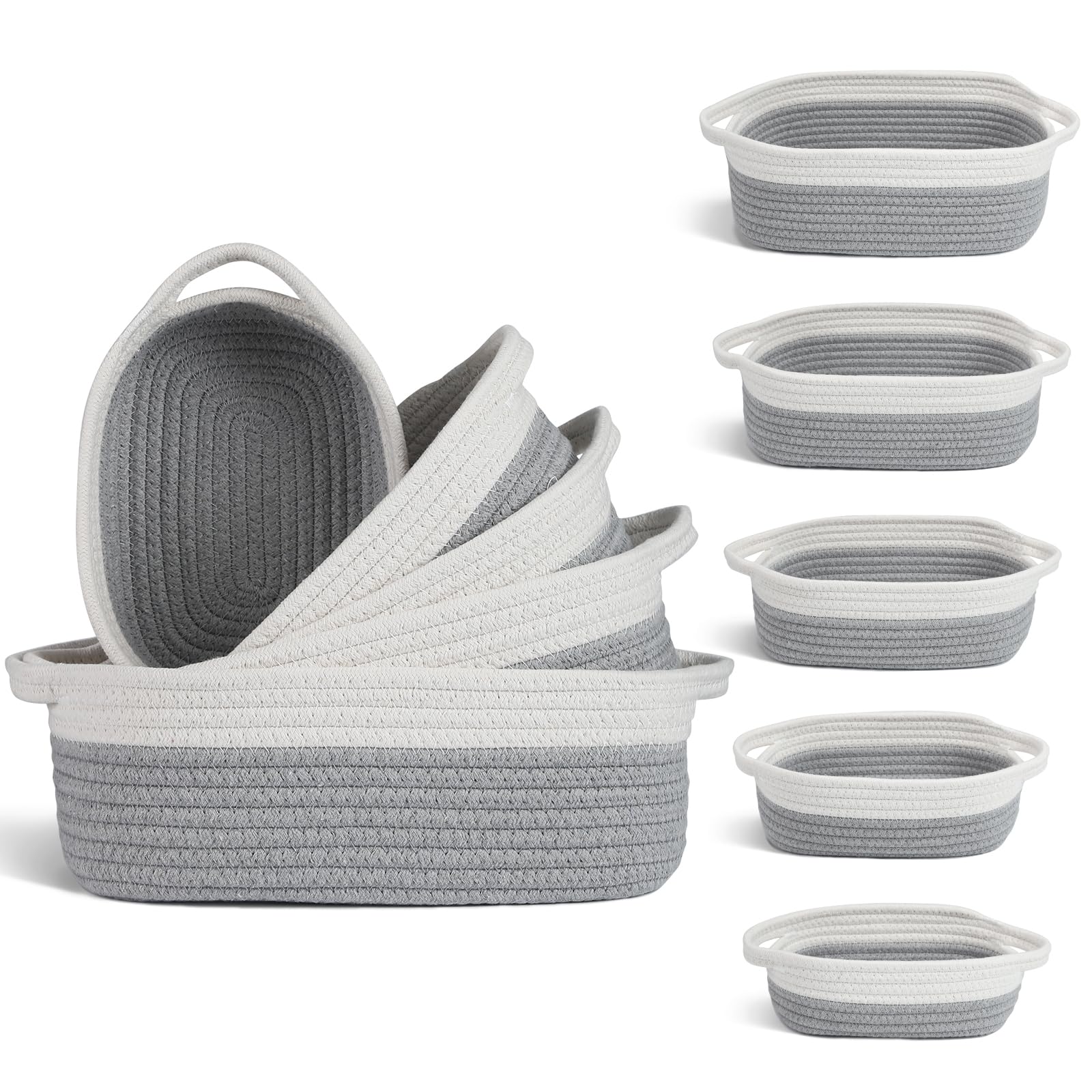 VOOWO Set of 5 Rope Basket, Woven Rope Baskets for Storage, Baskets for Gifts Empty, Small Rope Basket for Organizing, Nursery Rope Basket, Small Basket, Woven Basket for Shelves (Off White & Gray)