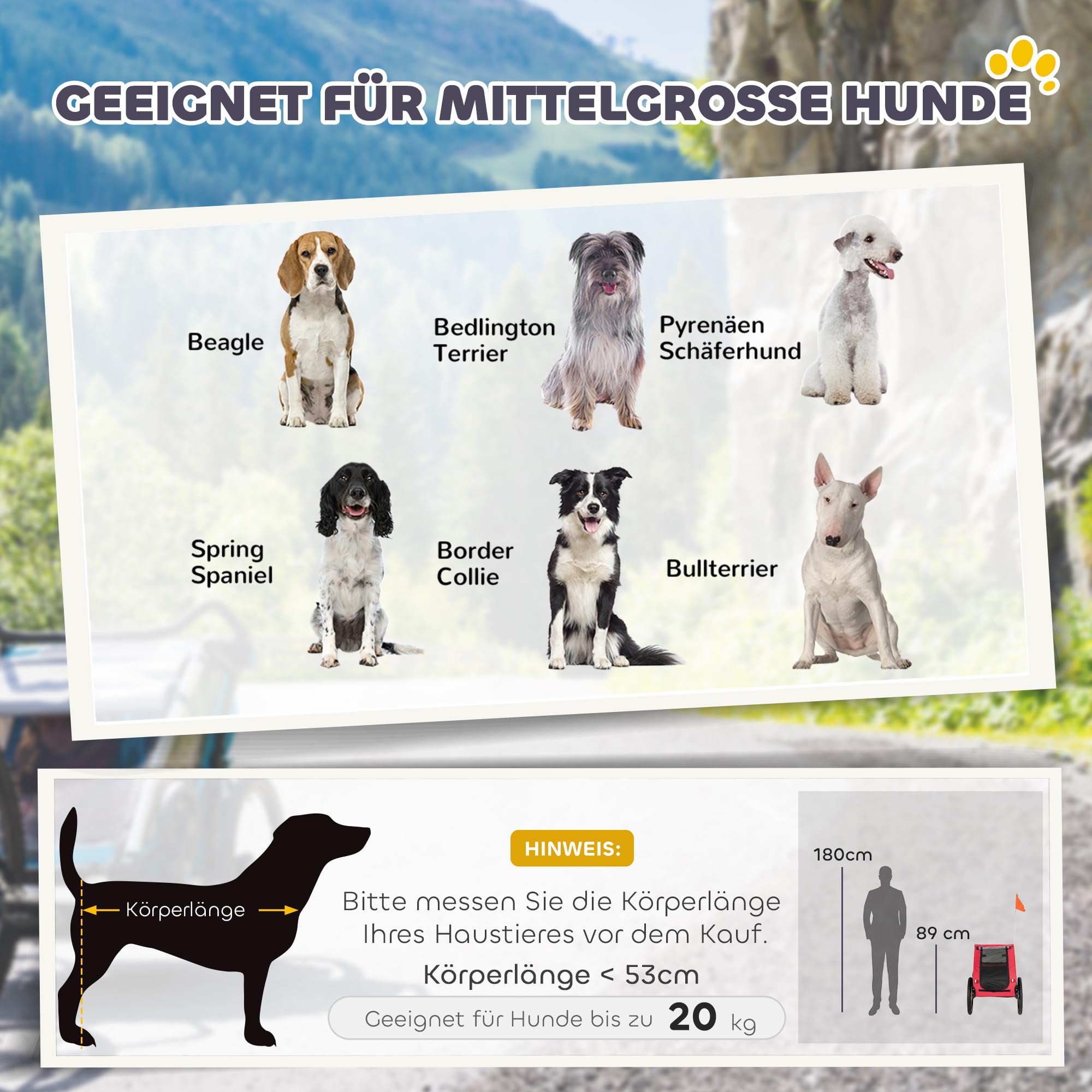 PawHut Hundeanhänger Faltbar Fahrradanhänger für Hunde Hundefahrradanhänger mit Reflektoren, Mesh-Fenster, Rädern, Tür, Sicherheitsflagge, für Hunde bis 20 kg