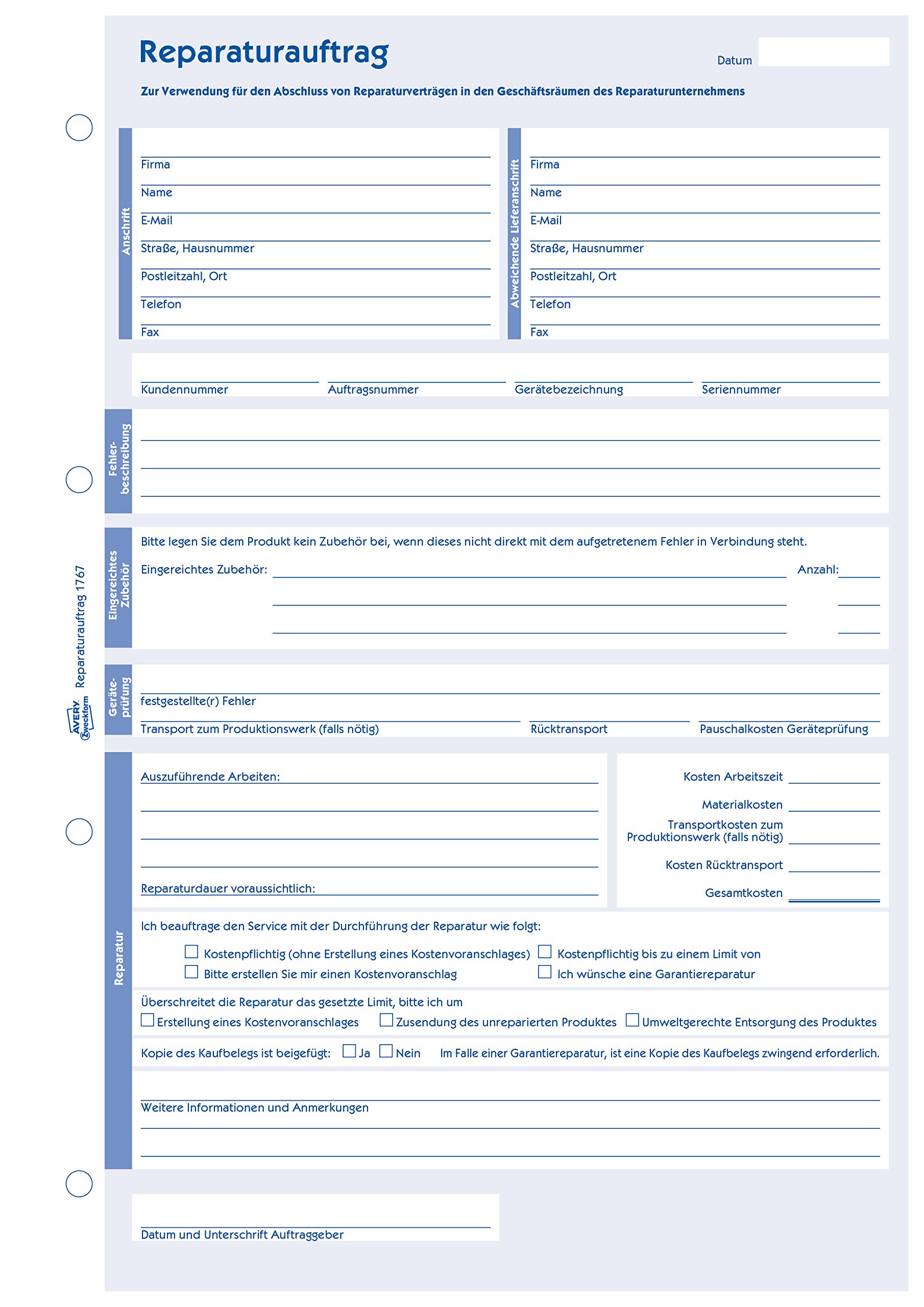 AVERY Zweckform 1767 allgemeiner Reparaturauftrag (A4, 2x40 Blatt, selbstdurchschreibend mit farbigem Durchschlag, zur systematischen Erfassung aller relavanten Auftragspositionen) weiß/gelb