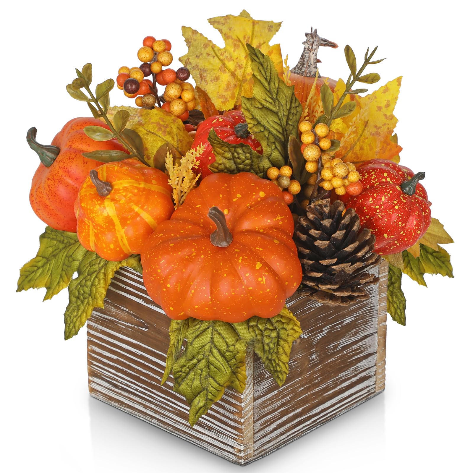 Décoration d'automne dans un vase en bois avec feuilles d'érable | Décoration d'automne citrouille avec pommes de pin, centre de table pour mariage d'automne, décoration d'intérieur d'automne