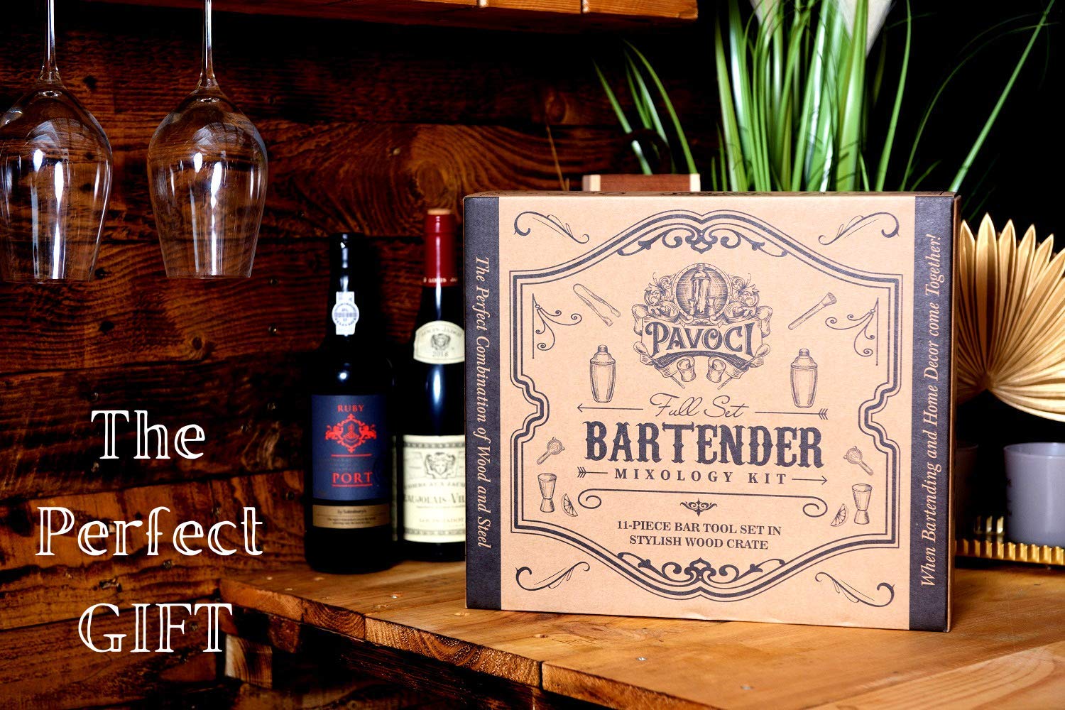 Juego de coctelería de 11 piezas, coctelera de barman de acero inoxidable de alta calidad con soporte de madera y accesorios, herramientas ideales para bar, cocina, uso profesional