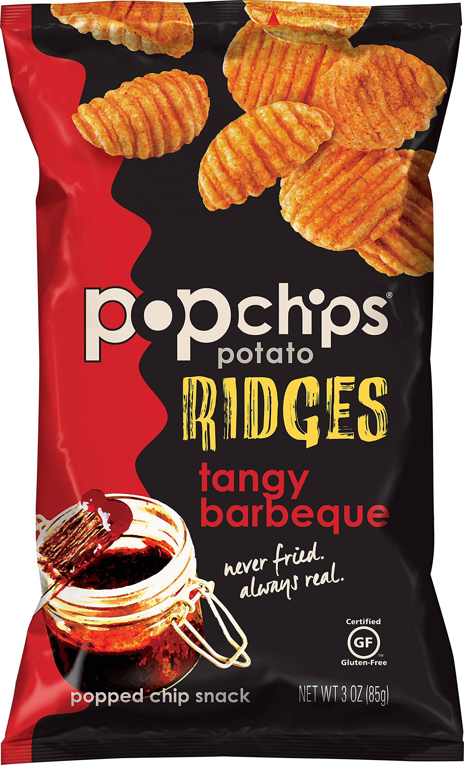 Popchips Tangy Barbeque Ridges Popped Snack Chips, 3 Ounce - 7 per case.