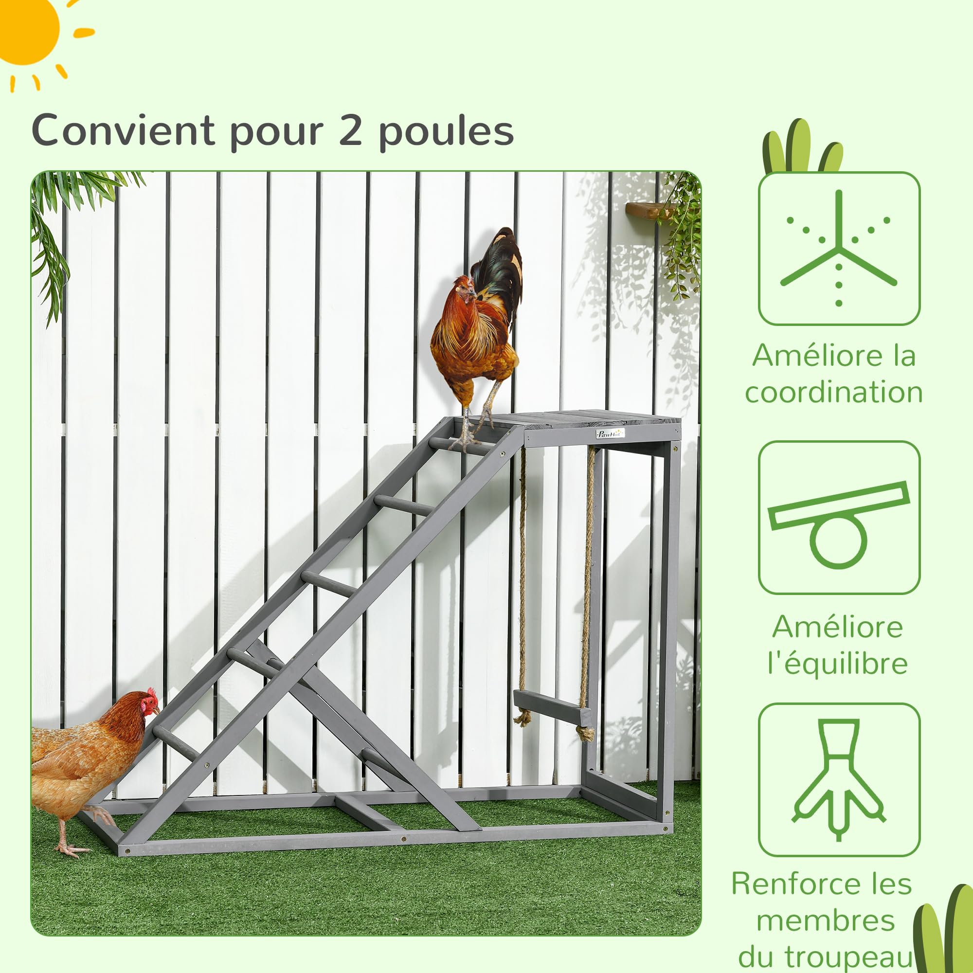 PawHut Perchoir en Bois pour Poule avec Balançoire 96 x 40 x 71 cm Gris