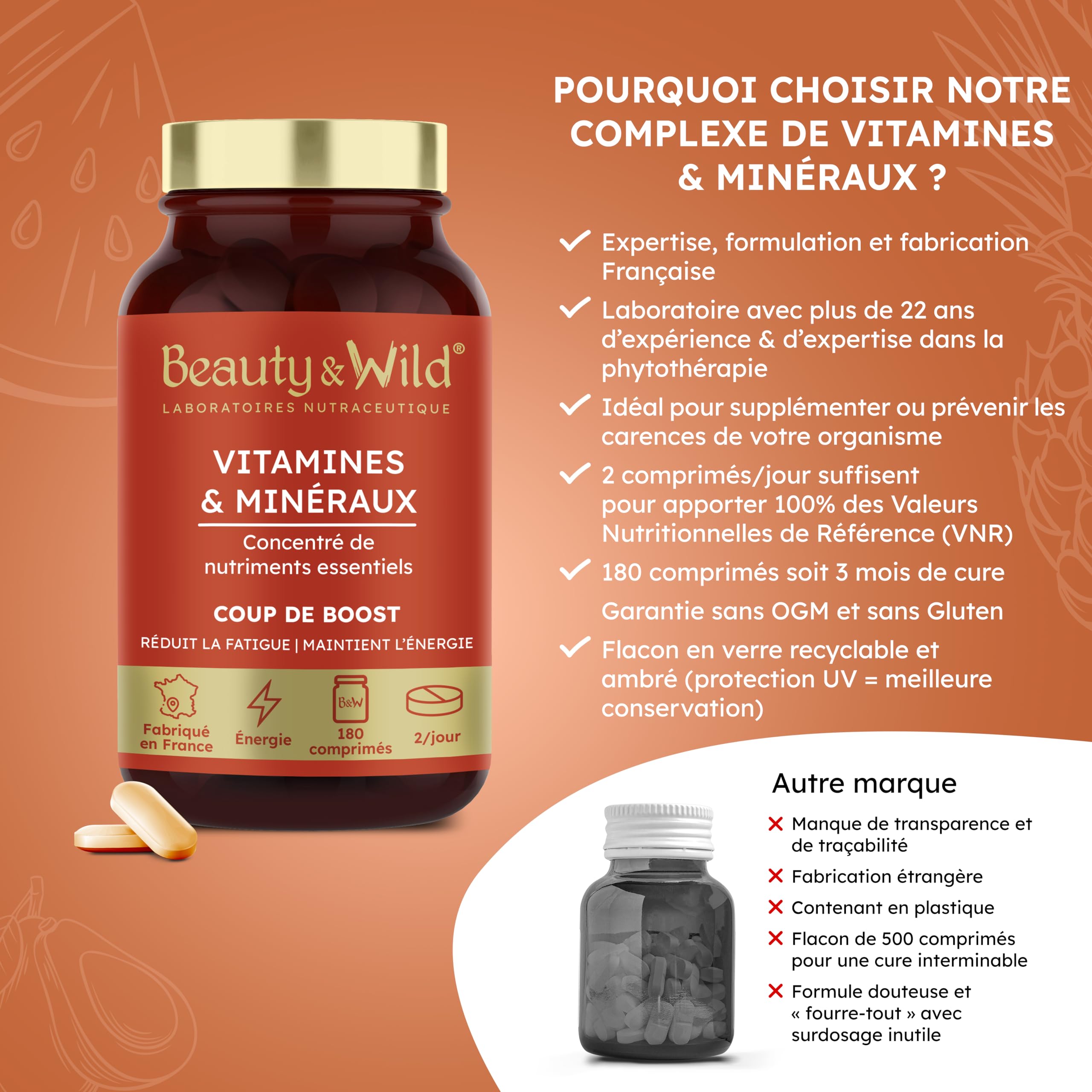 Multivitamines et Minéraux | Zinc, Magnésium, Sélénium, Vitamine C, A, E | Anti-fatigue, Énergie, Vitalité | Cheveux et ongles | Made in France | 180 comprimés | Beauty & WILD