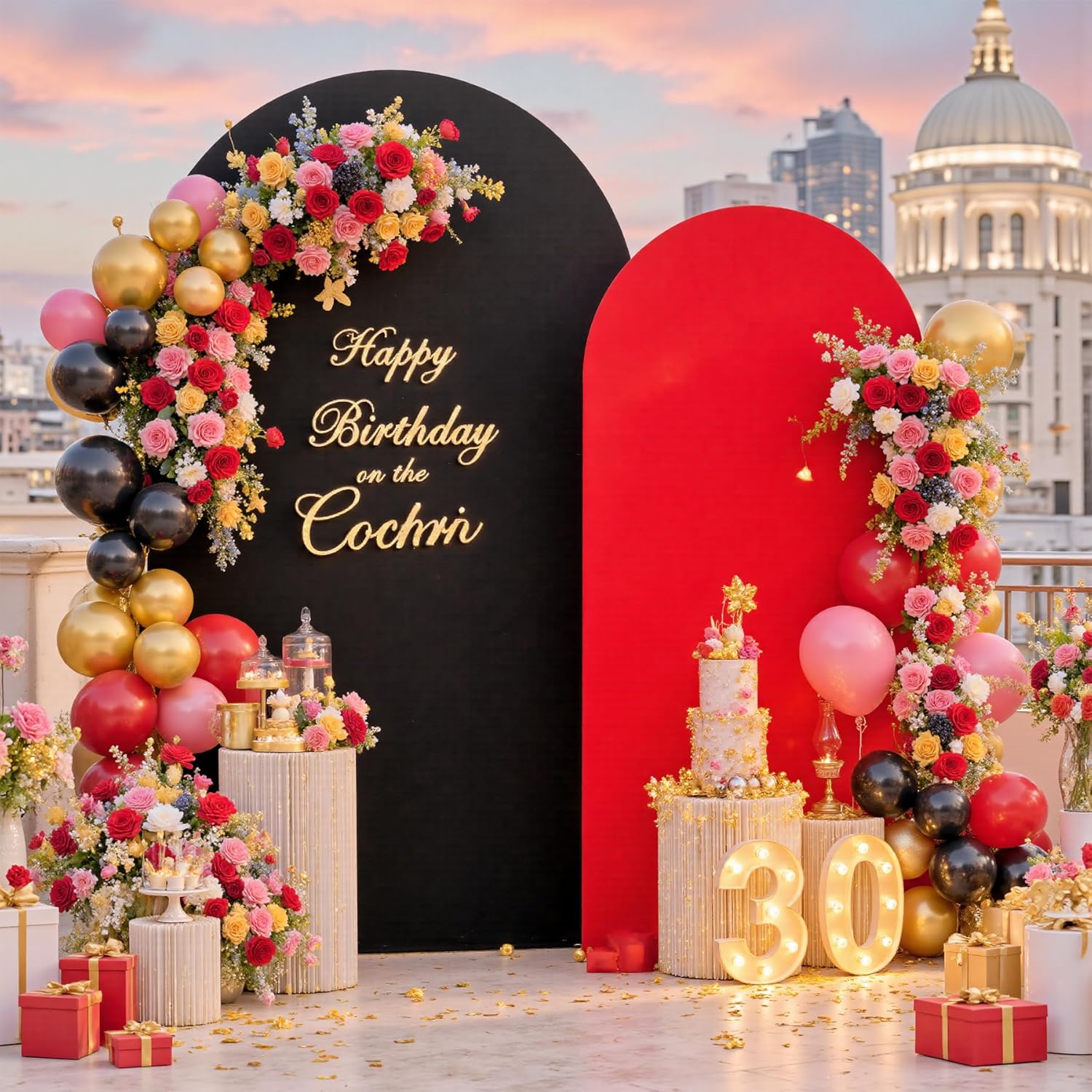 Black Red Arch Backdrop Cover Set of 2-7.2ft 6ft Dual Color Wedding Arch Cover-Wrinkle Free Stretchy Spandex Fitted Chiara Arch Stand Cover for Black Red Theme Birthday Party Photo Photography thumbnail