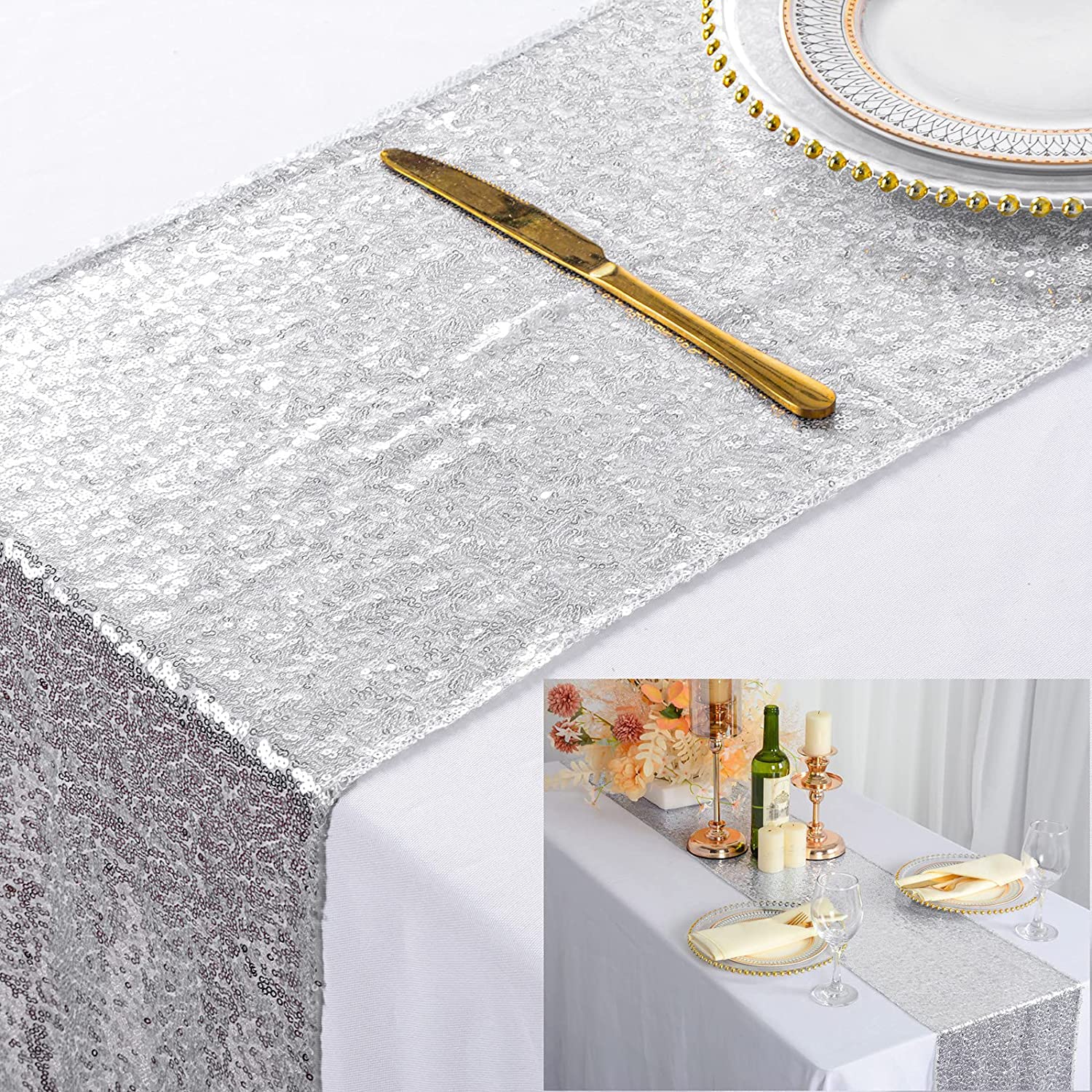 KASTWAVE Sequin Table Runner 12x72 inch Glitter Fabric Table Linens Runner Fabric Decorations for Holiday Wedding Birthday Outdoor Party Decor(Silver)
