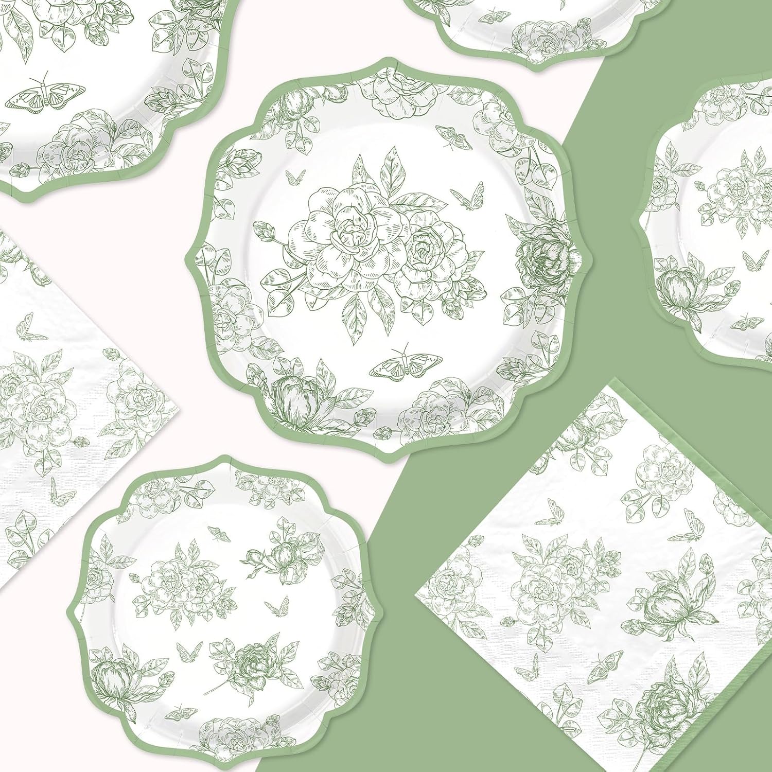 200Pcs Sage Green Party Decoration Green White Scalloped Plates and Napkins Vintage Floral Chinoiserie Disposable Tableware Set for Wedding Baby Shower Birthday Party Supplies Serves 50
