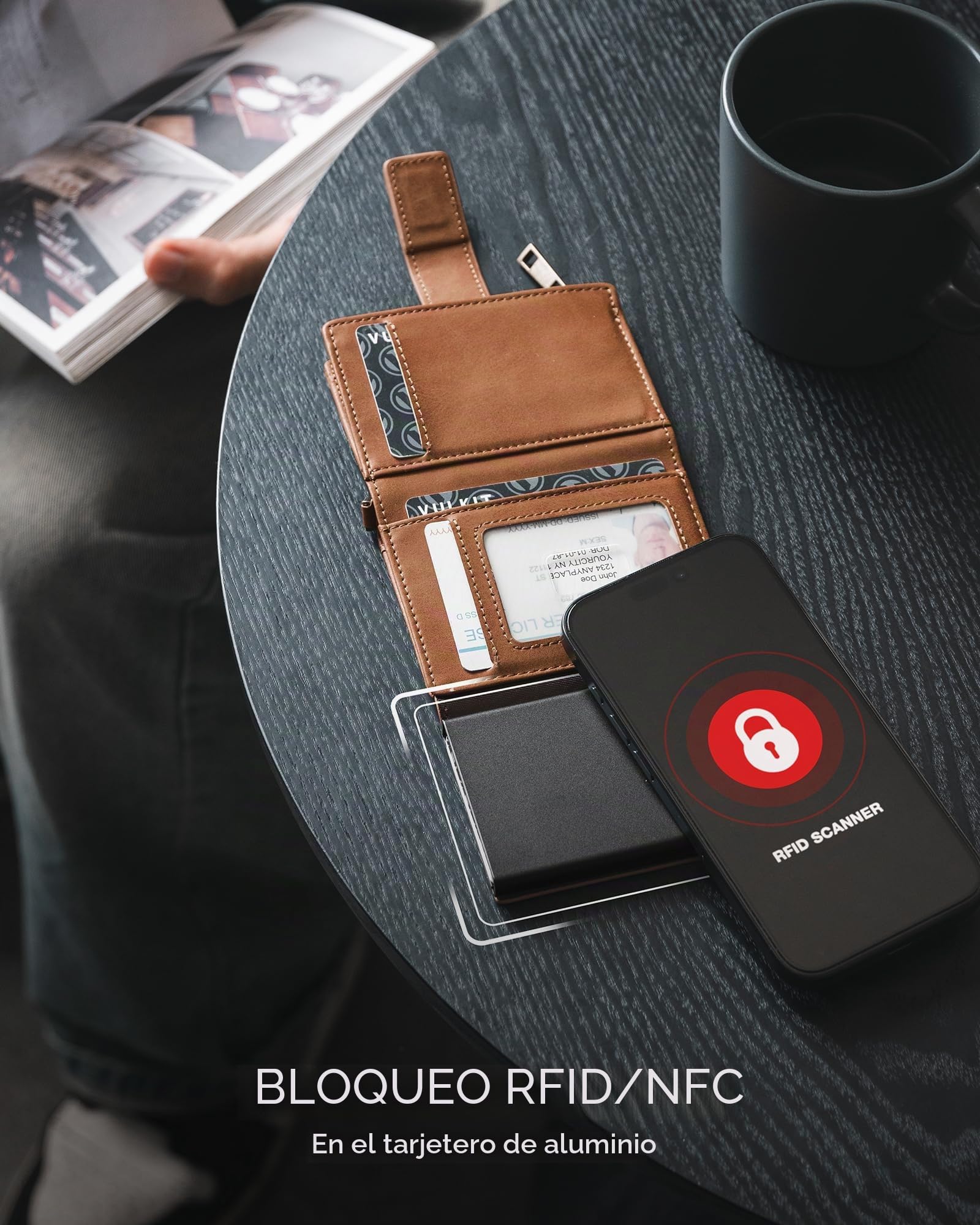 VULKIT Cartera Hombre con Cadena, Tarjetero Aluminio Pop UP Protección RFID, Ventana ID, Bolsillo Cremallera y Compartimento para Monedas y Billetes, Marrón