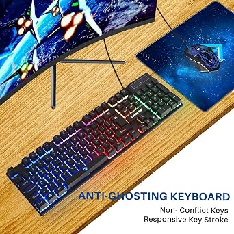 Raptor Gaming Keyboard And Mouse Set With Large Mouse Pad, Rainbow LED, USB Wired Desktop Combo, UK Layout, For Desktop PC, Laptop, PS4, PS5, Xbox One, Black (Black)