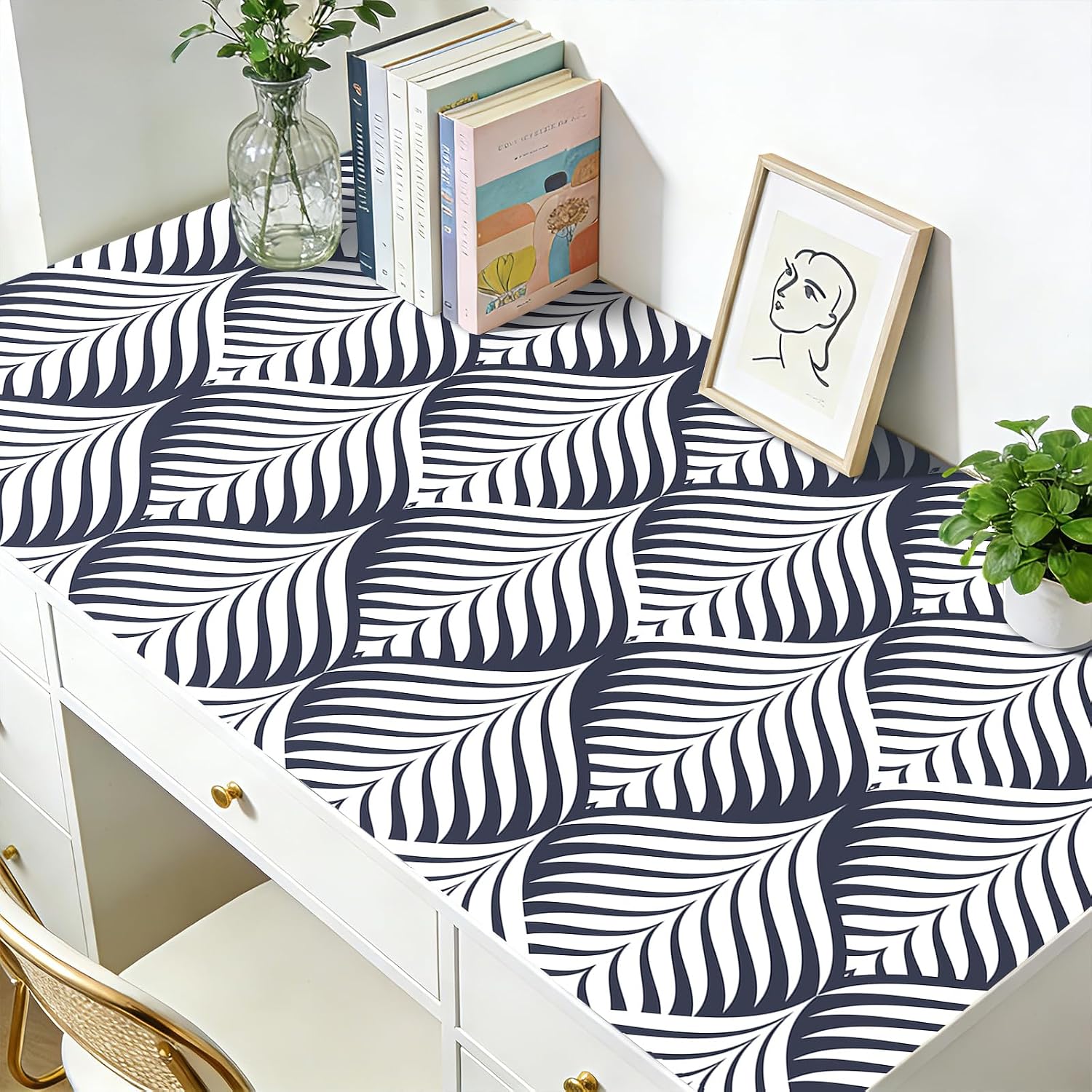 FunStick 17.5x354 Modern Dark Blue and White Peel and Stick Wallpaper Geometric Wallpaper for Bedroom Self Adhesive Kitchen Cabinet Contact Paper Peel and Stick Accent Wall Paper for Bathroom Shelves